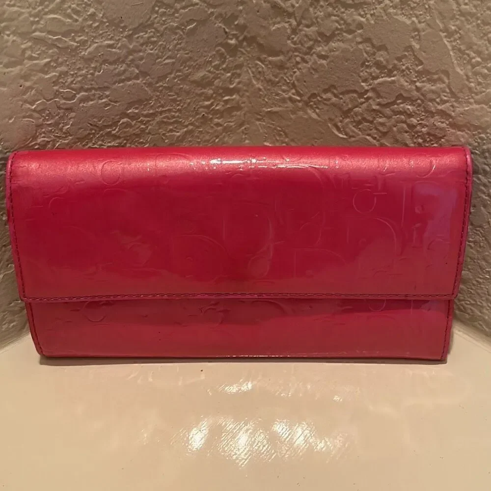 Dior Women's Ultimate Continental Long Wallet Red Patent Logo Embossed Trendy